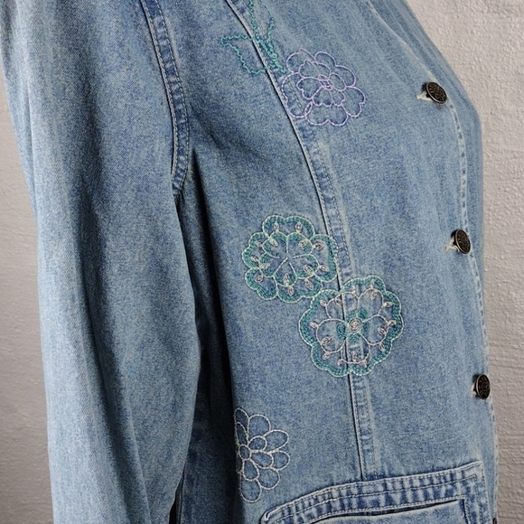 Denim & Co. Vintage Light Blue Embroidered High Collar Button Up Denim Shacket - Picture 6 of 14